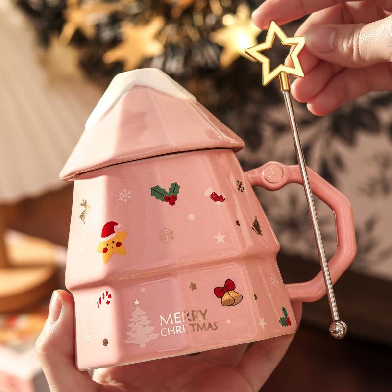 Kreative Weihnachtsbaum-Tasse Keramiktasse mit Deckel Mädchen Hochwertiges Weihnachtsgeschenk Büro-Kaffeetasse