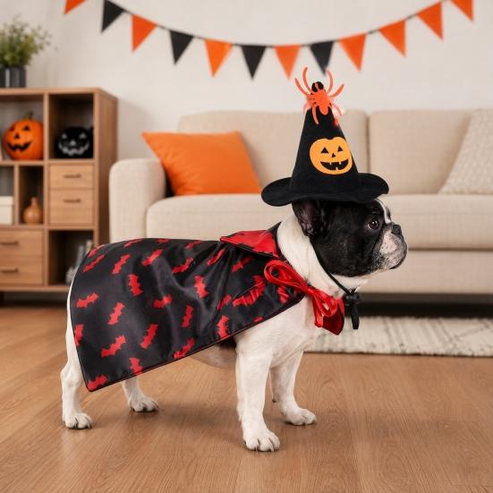 Huaqianguhh 1 Set Pet Halloween Costume, Spider Pumpkin Wizard Hat And Double-Sided Bat Print Cape, Holiday Party Outfit for Cats Dogs