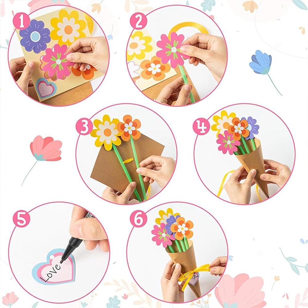 6-48PCS DIY Flower Bouquet Craft Kit Mother'S Day Gift Flower Paper Crafts For Kids Make Your Own Flower Artificial Flowers