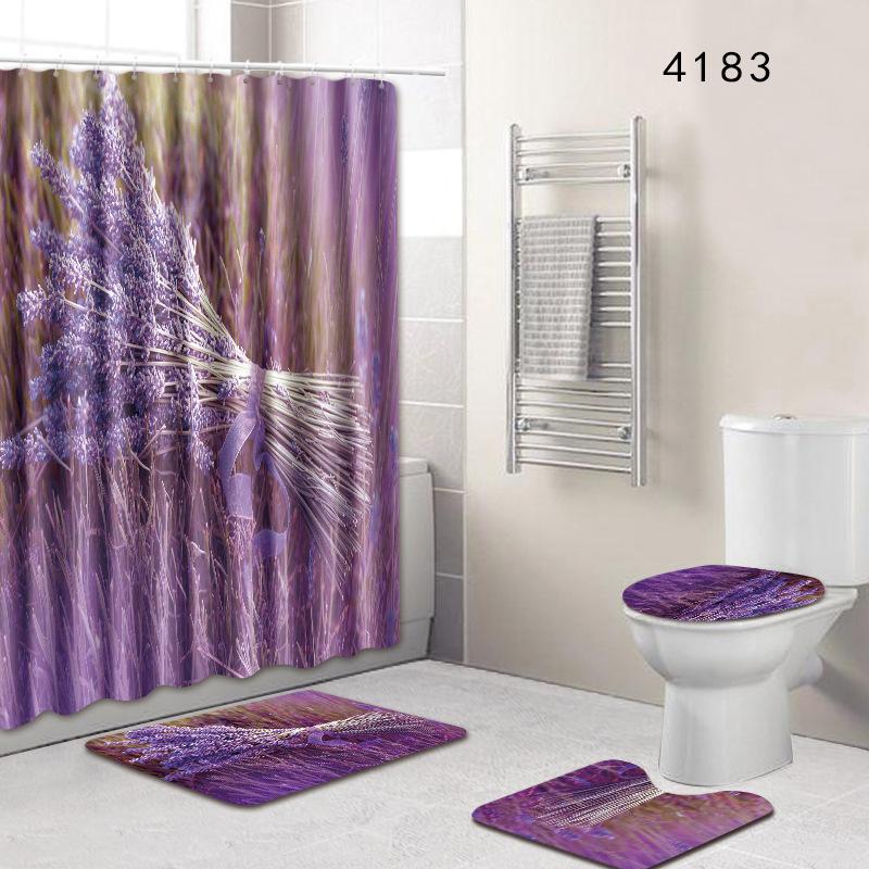 Plant Landscape Bathroom Shower Curtain Floor Mat Toilet Cover Foot Mat Four-Piece Pattern Size