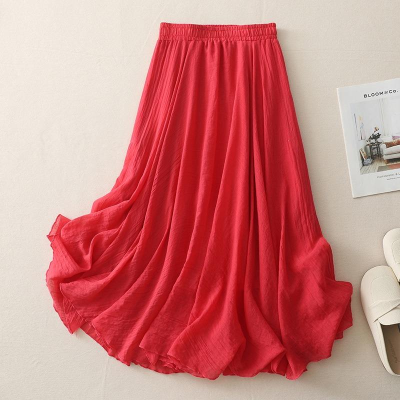 Long A-line Skirt In Cotton and Linen with Elastic Waist In Pure Color for Summer and Autumn