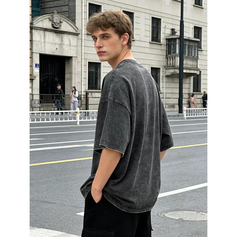 2026 Neues Schweres Reines Baumwollgewaschenes T-Shirt Locker Übergröße Retro Used Street Style Monddruck Kurzarm Basisschicht