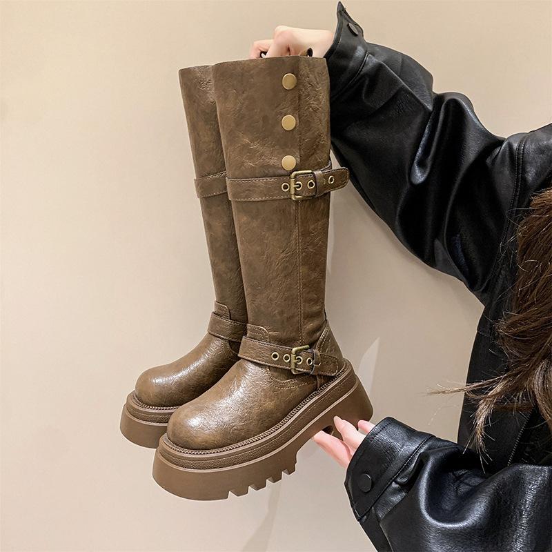 Retro faltbare Two-Wear Langstiefel für Damen 2025 Herbst neu Gürtelschnalle Britischer Stil dicker Absatz dicksohlige Reiterstiefel