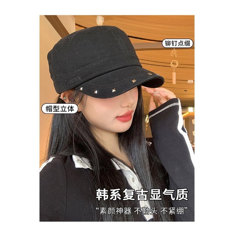Women S Black Flat Top Beret Hat With Rivets Vintage Street Style Washable Casual