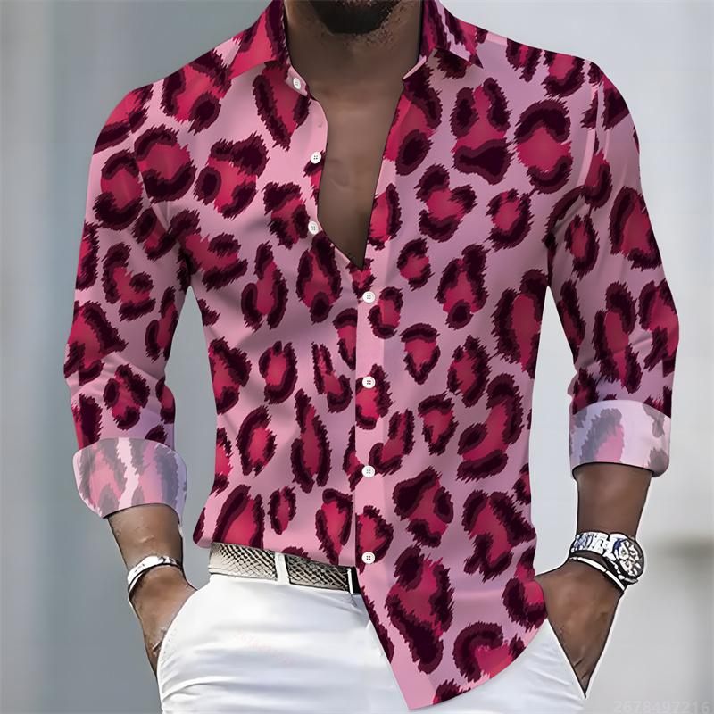 Men's Leopard Print Long-sleeved Shirt, Trendy Retro Slim-fit Turn-down Collar Casual and Stylish Men's Shirt, Sizes