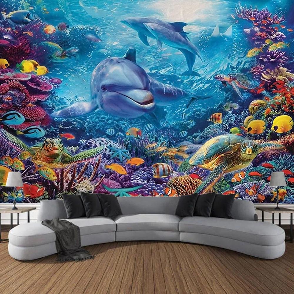 Unterwasserwelt Wandteppich Wandbehang Delfin Hai Seetang Heimkunst Dekoration Hintergrund Schlafzimmerwand Cartoon Dekoration
