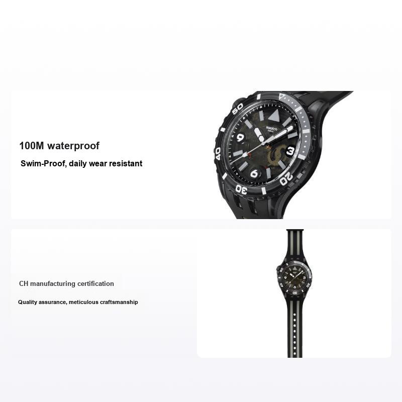Swatch Scubaqua Series Quartz Movement 100 Meters Water Resistant Watch 44mm Black Dial Ceramic Bio-Based Material Case Silicone Strap SSCU09B100 Black Dial