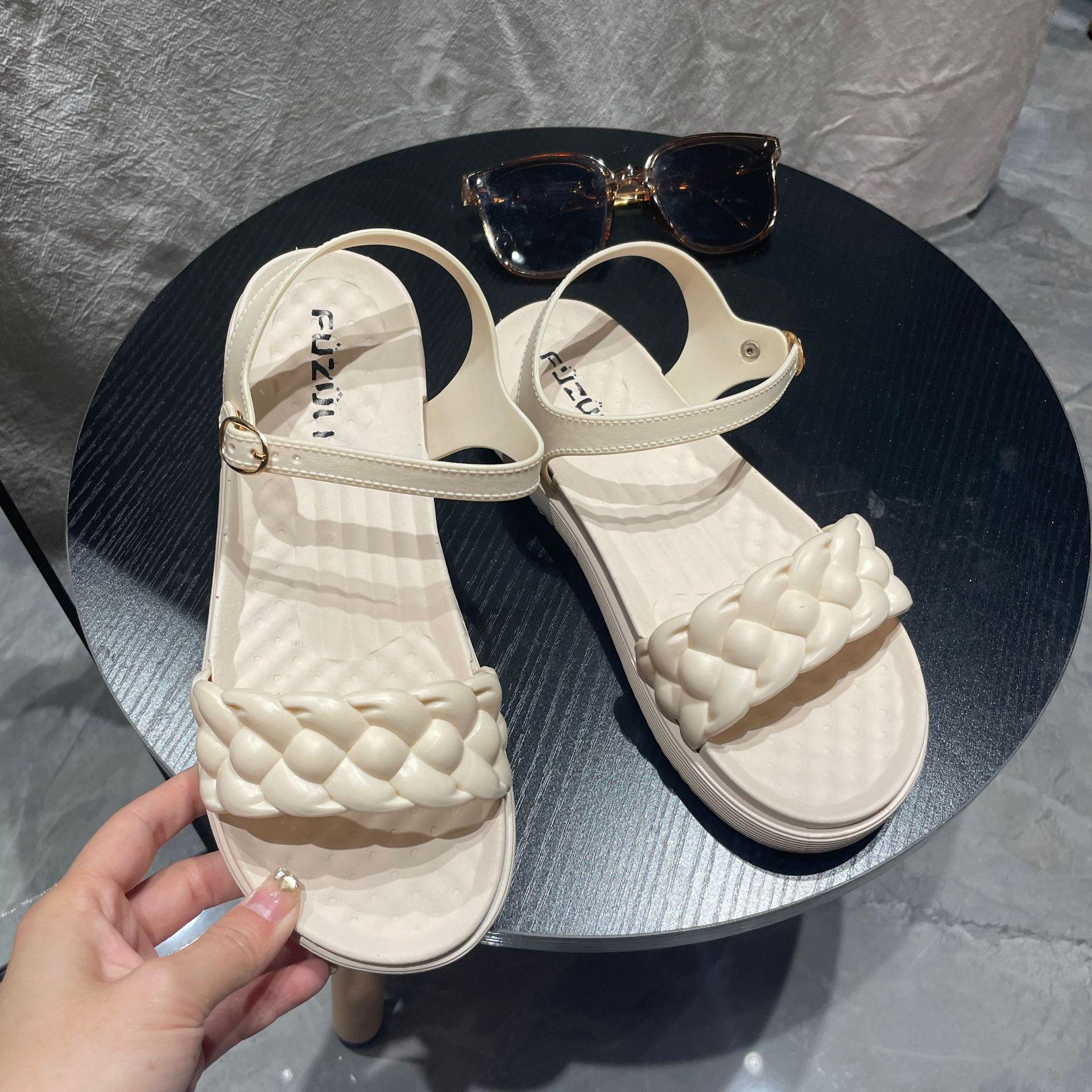 

Летние новые женские сандалии 2025 года однотонные на толстой подошве с задними ремешками модные сандалии на плоской подошве с одной перемычкой для улицы 41 белый