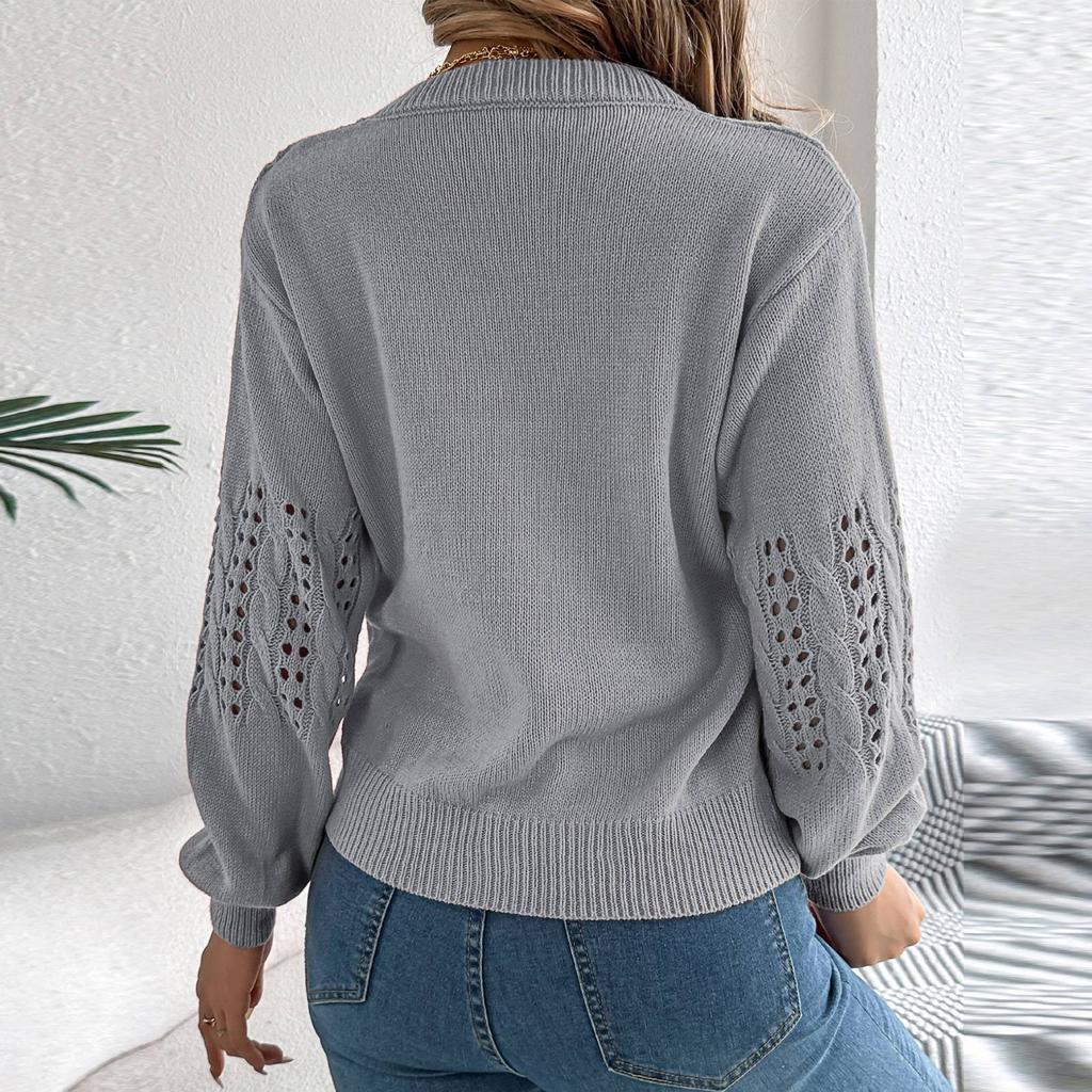 Women's Loose Solid Color Round Neck Hollow Sweater Long Sleeve Pullover Top