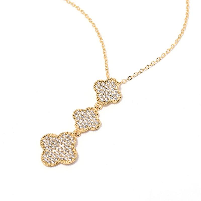 Elegant Long Clover Necklace Earring Bracelet Set With Full CZ Zircon Stones Sterling Plated