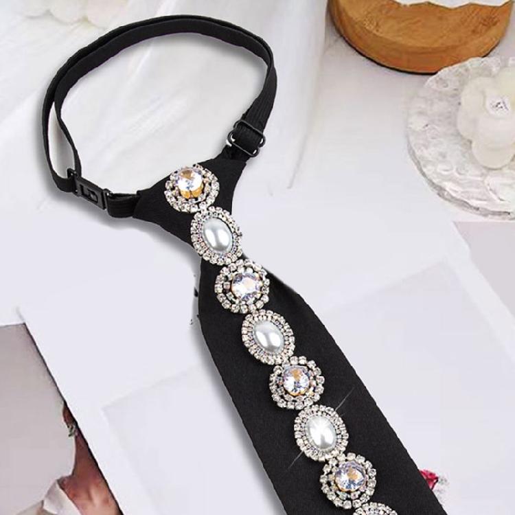 Rhinestones Pearls Embellished Black Necktie for Women Student Elegant Pre Tied Adjustable Tie for Uniform School Shirt