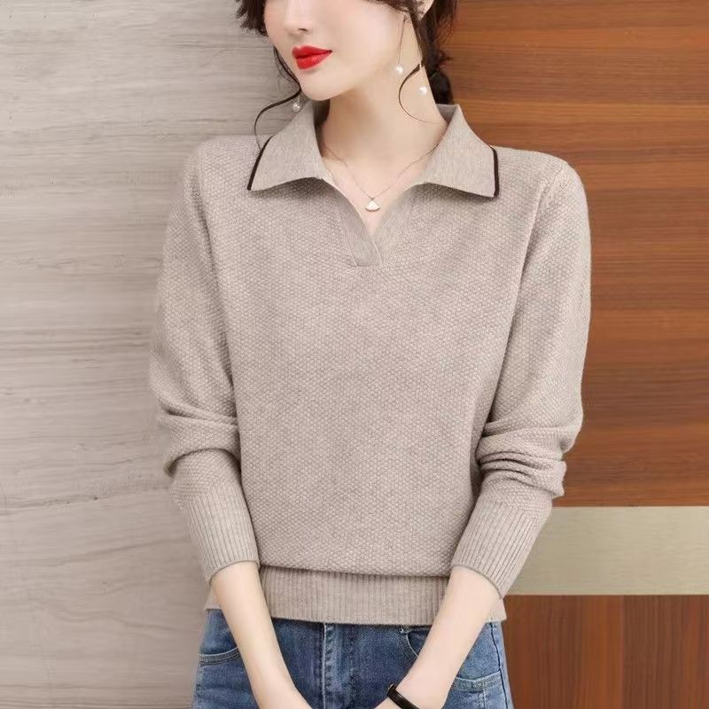 Women's Knitted Sweater Spring/Autumn/Winter Loose Flip Collar Western Style Knitted Sweater Top Mom