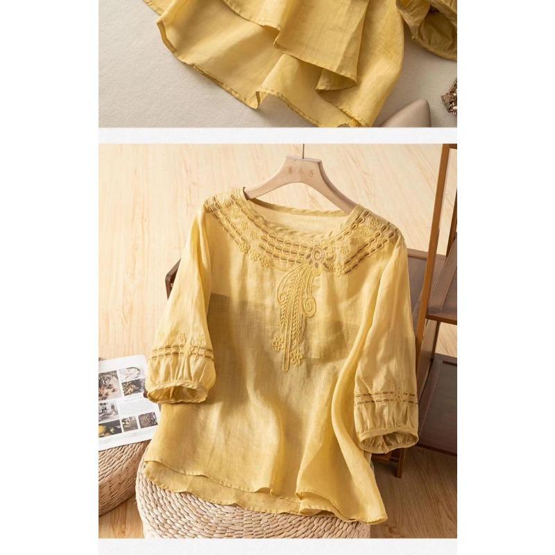 Women Summer Embroidered Round Neck Linen Cotton Blouse