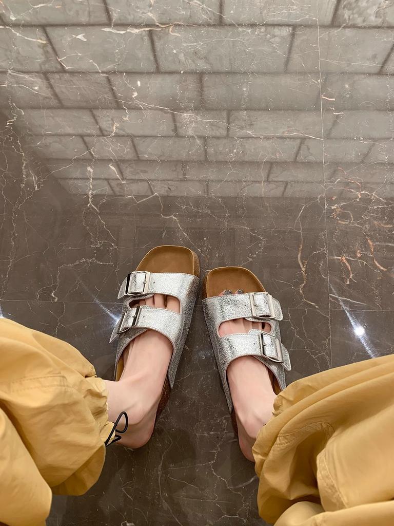 Cowhide Version~ Lazy One-pedal Double-breasted Beach Thick-bottomed Cool Slippers for Women's Summer Wear