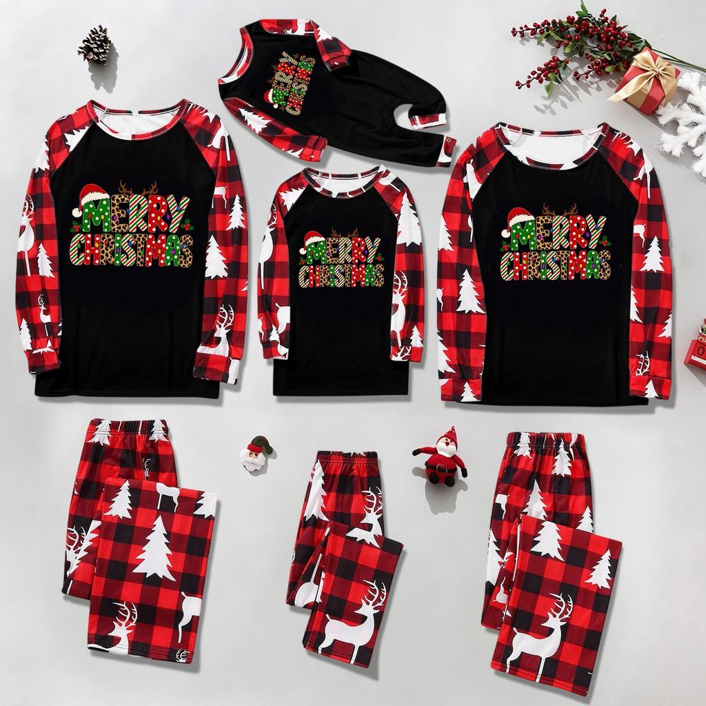 Family Matching Holiday Loungewear Set with Cute Christmas Print, Raglan Long Sleeve Top and Pants for Parents and Kids
