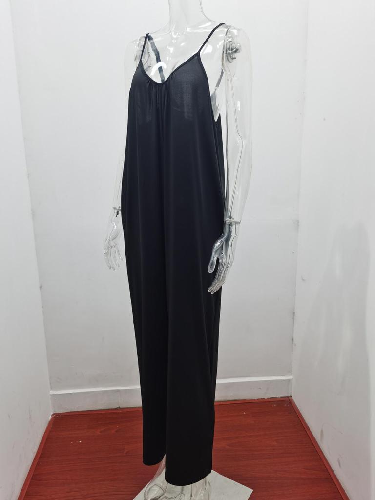 2026 Sommer Damen einfarbiger Jumpsuit mit aufgesetzten Taschen und Trägern - Lockere lässige Passform lange Hosen
