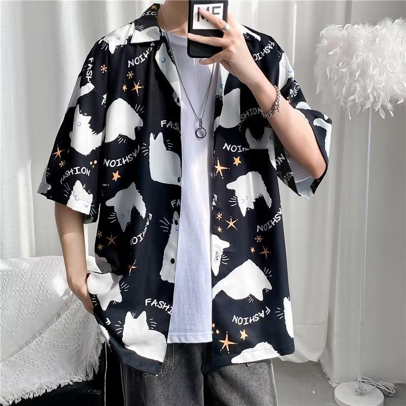Men's Hip Hop Retro Cat Print Short Sleeve Shirt