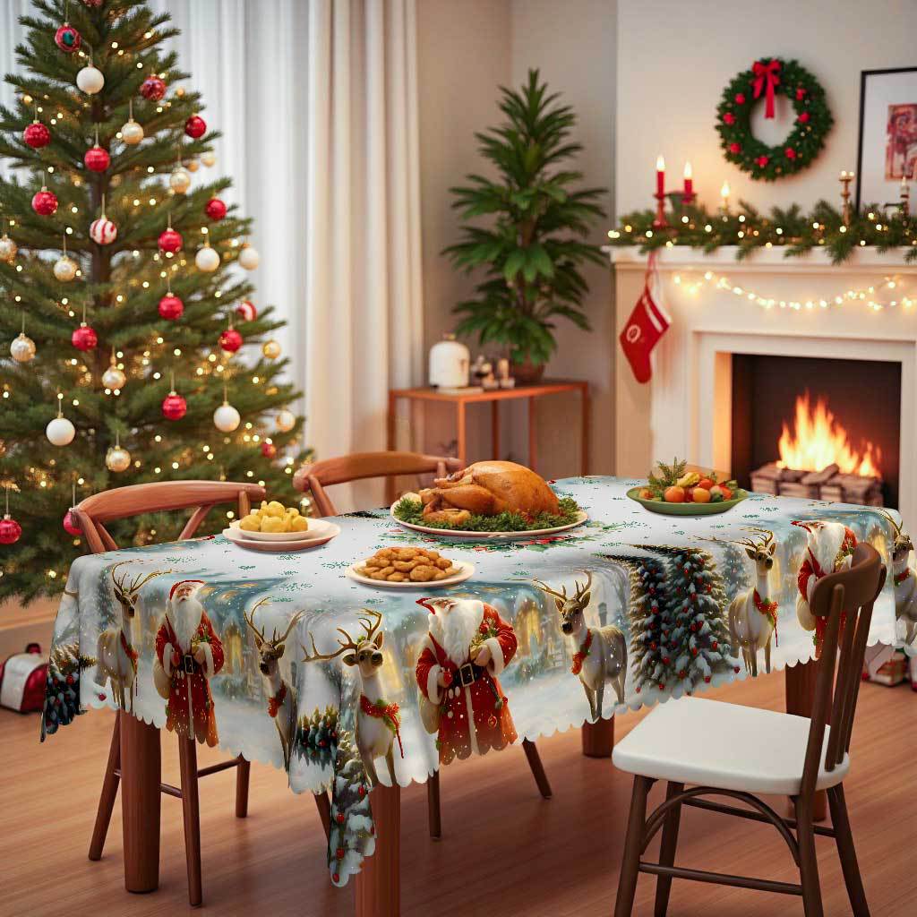 Christmas Theme Round Table Cloth, Santa Claus Elk Snow Pattern, Table Decoration Cloth, Festive Atmosphere