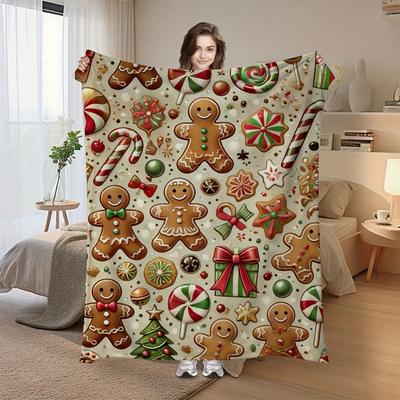 Christmas Gingerbread Man Creative Printed Blanket, Festive Candy And Gingerbread Elements Pattern Design, Warm And Cute, Rich In Colors, Creating a S