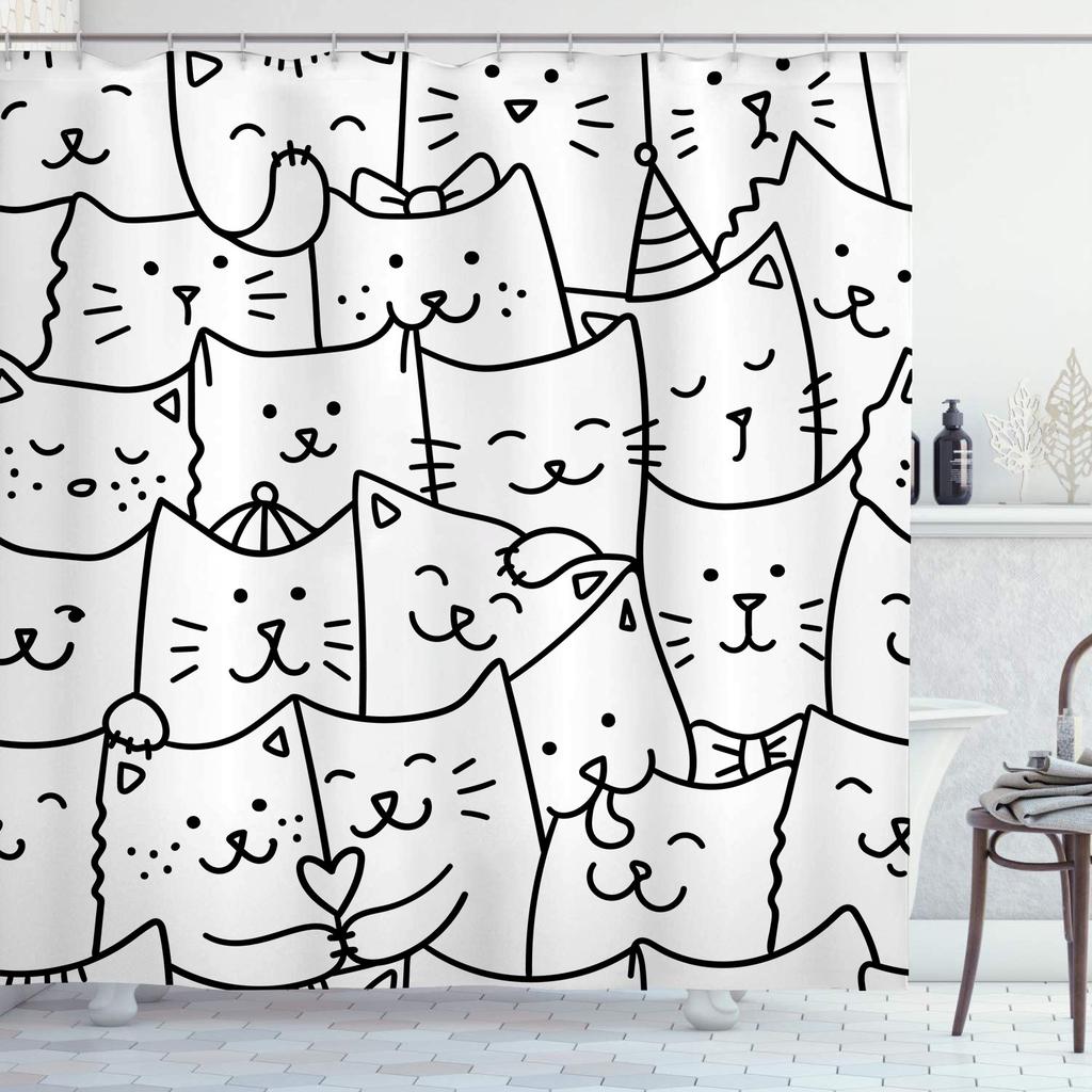 Schwarze Linie Katze Duschvorhänge Waschbarer Stoff Polyester Für Badewanne Kunst Badezimmerdekor Trennwand Mit Haken Aufhängen Wasserdicht