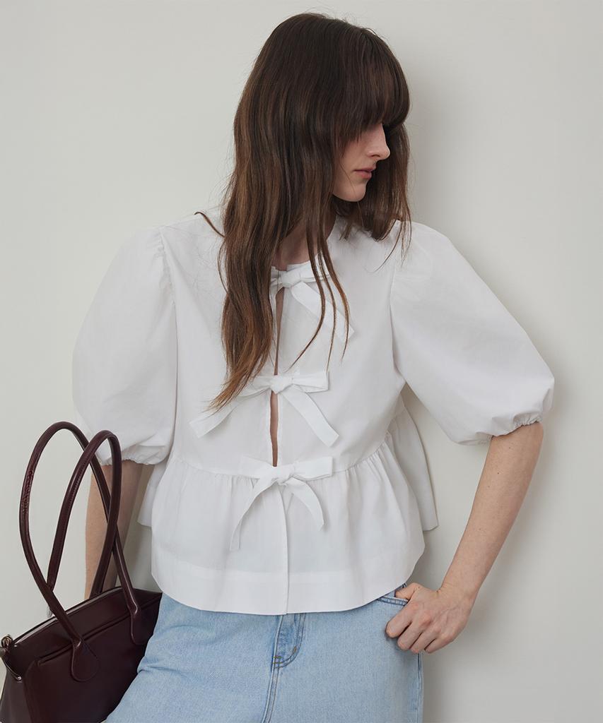 Kwinseulaebis Claire Three-Strap Puff Sleeve Ribbon Blouse