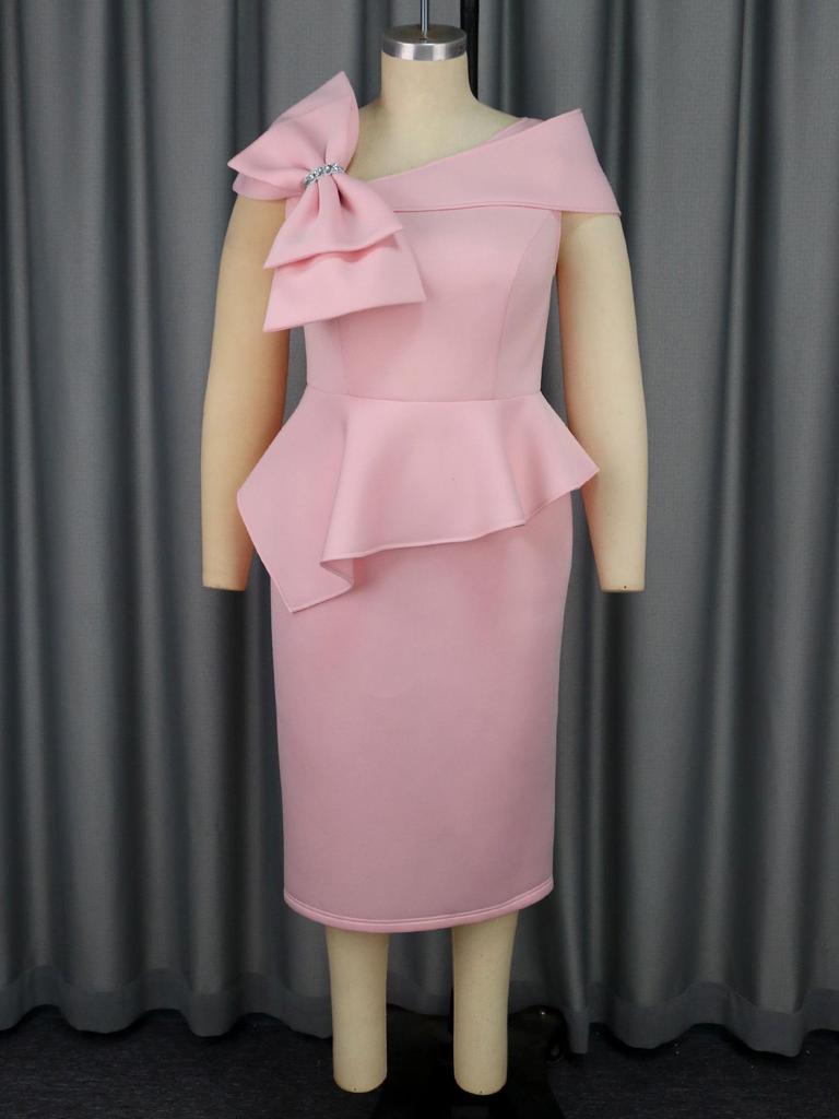 Women's Plus Size Pink Bow Off-Shoulder Elegant Evening Bodycon Dress