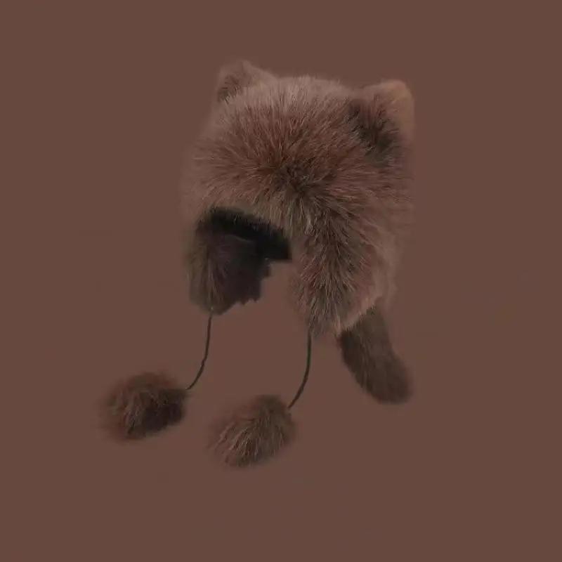 New Thickened Winter Hats For Women Keep Warm Windproof Furry Trapper Hat With Cute Tail Ear Protectors Bomber Hat Winter