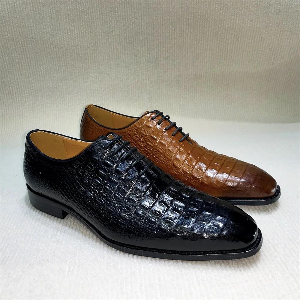 Fashion Men's Python Genuine Leather Dress Shoes Lace-Up Pointed Toe Wedding Formal Oxford Business Shoes In Black/Brown for Banquet
