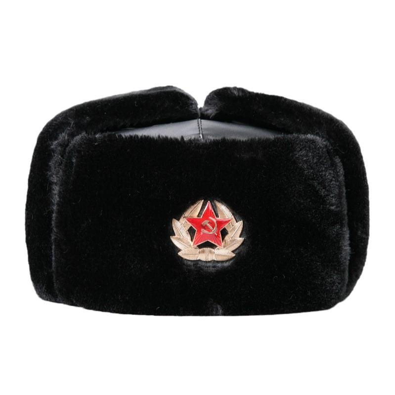 Winter Duty Cotton Hat, Black Velvet Security Lei Feng Hat, Northeast Windproof Warm Thickened Leather Hat, Cold-Resistant Cotton Hat