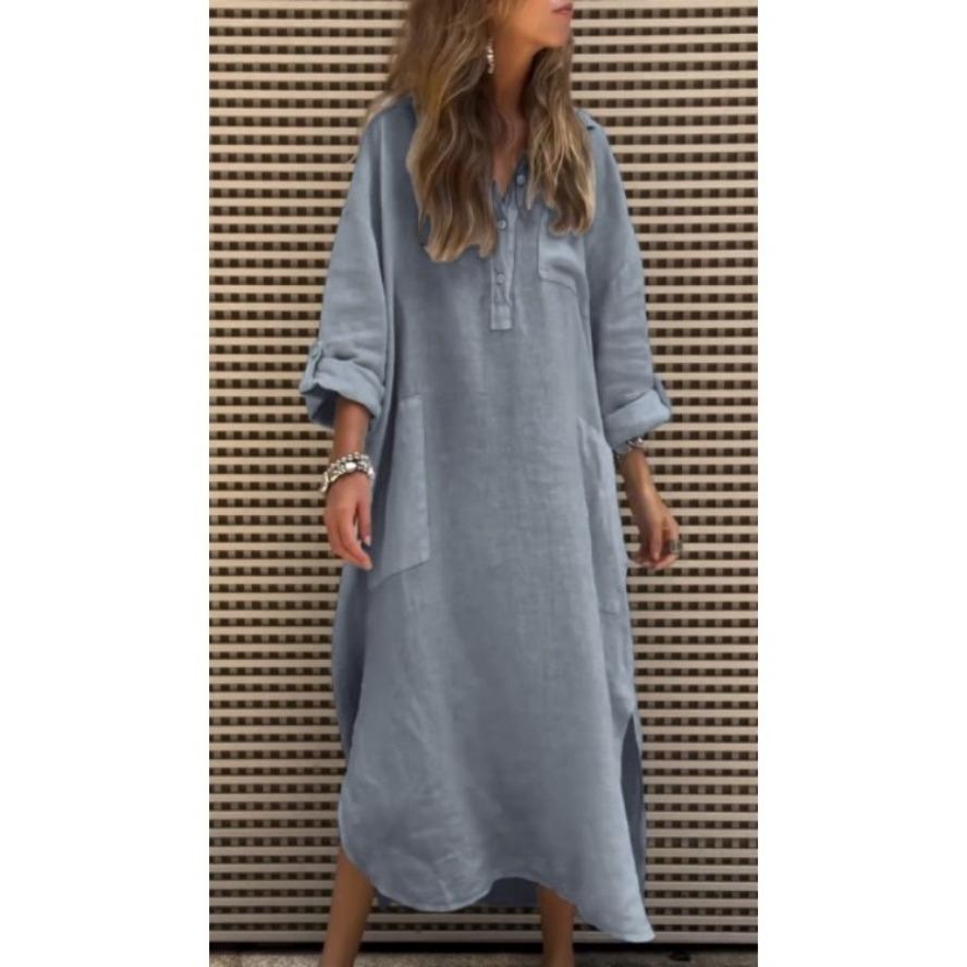 

YYFS Женская мода весна осень однотонный принт длинный рукав V-образный вырез свободная талия повседневные платья XXXL серый