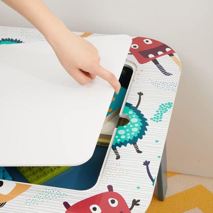 GINGER HOME Kindertisch umkehrbar mit 2 Stühlen – Doppelseitige Tischplatte, Kompatibel mit LEGO-Steinen, Mal- & MONSTER Aktivitäten