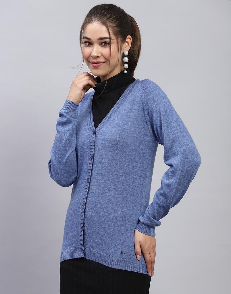 MONTE CARLO Womens Solid Blue V Neck Full Sleeve Cardigan