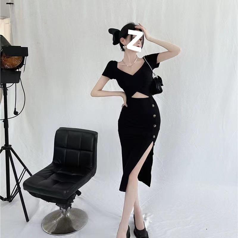 Sexy Pure Desire Style Design Sense Spice Girl Royal Sister Black Short Sleeve Waist Temperament Split Fork Slim Hip Wrap Dress Women