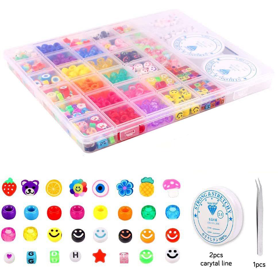 

Набор для изготовления бижутерии своими руками: бусины-пони, бусины с буквами и смайликами, эластичная нить и пинцет для создания браслетов, ожерелий, поделок