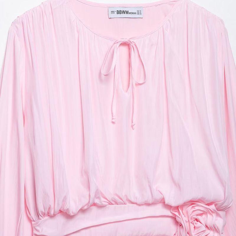 Kaslead New Women Clothes Western Style Fashion Simple Three-dimensional Flower Ribbon Long Sleeve Dress