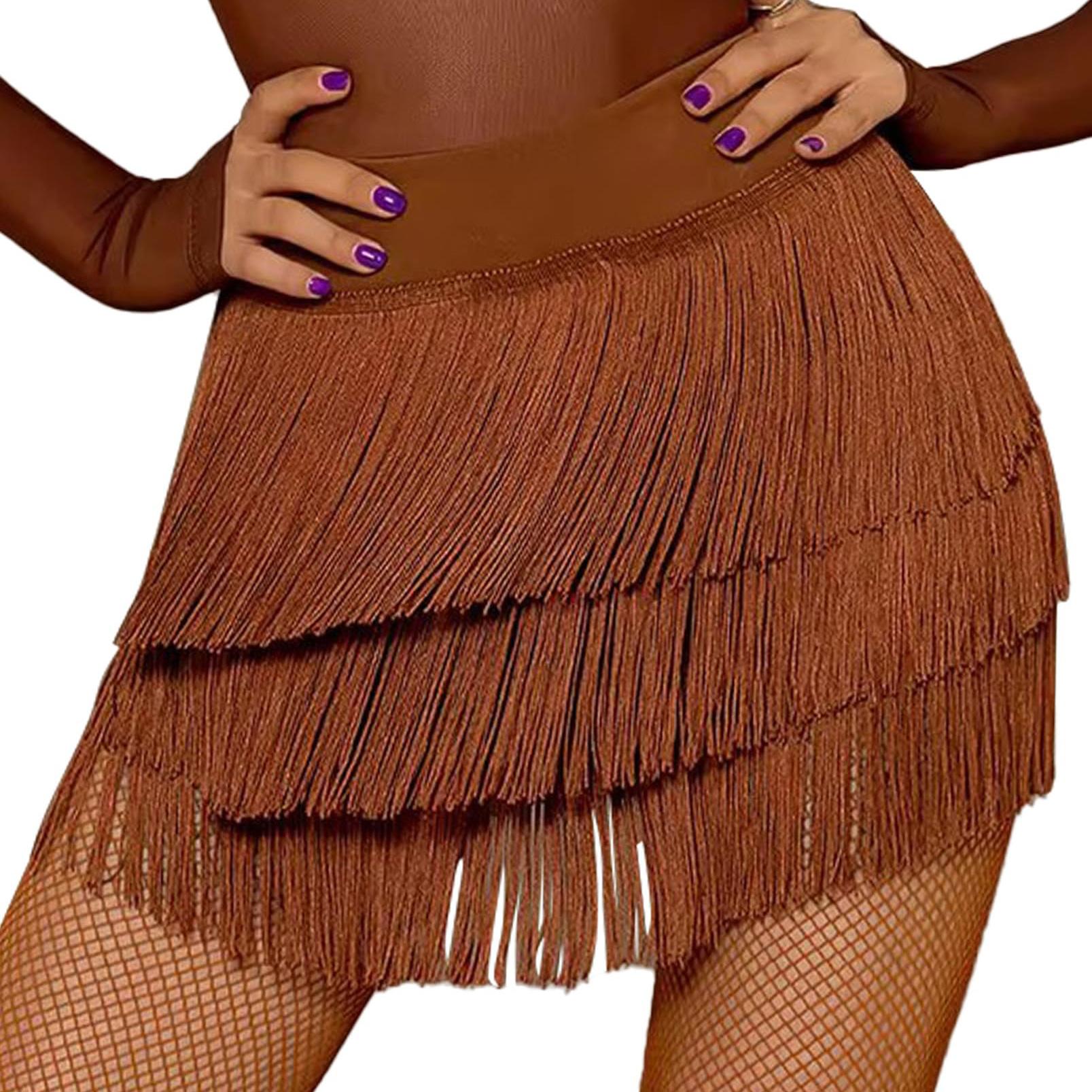 Fransenröcke für Damen Lateinischer Tanz Auftritt Festival Rave Shorts Rock Sexy Erwachsene Salsa Tango Rumba Gesellschaftstanzbekleidung XS braun