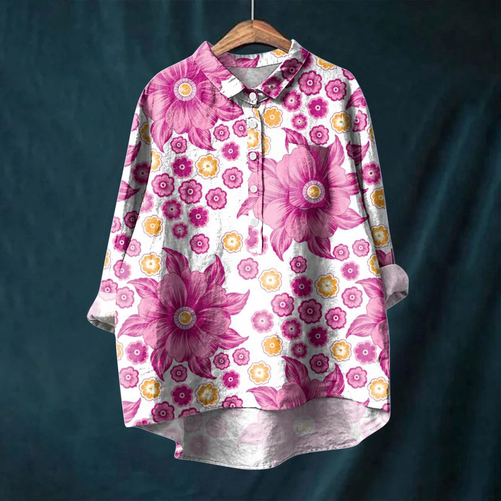 

Женская рубашка с длинным рукавом, на пуговицах, винтажный цветочный принт, повседневный подол, неровный, рубашечный воротник, топ XXL розовый