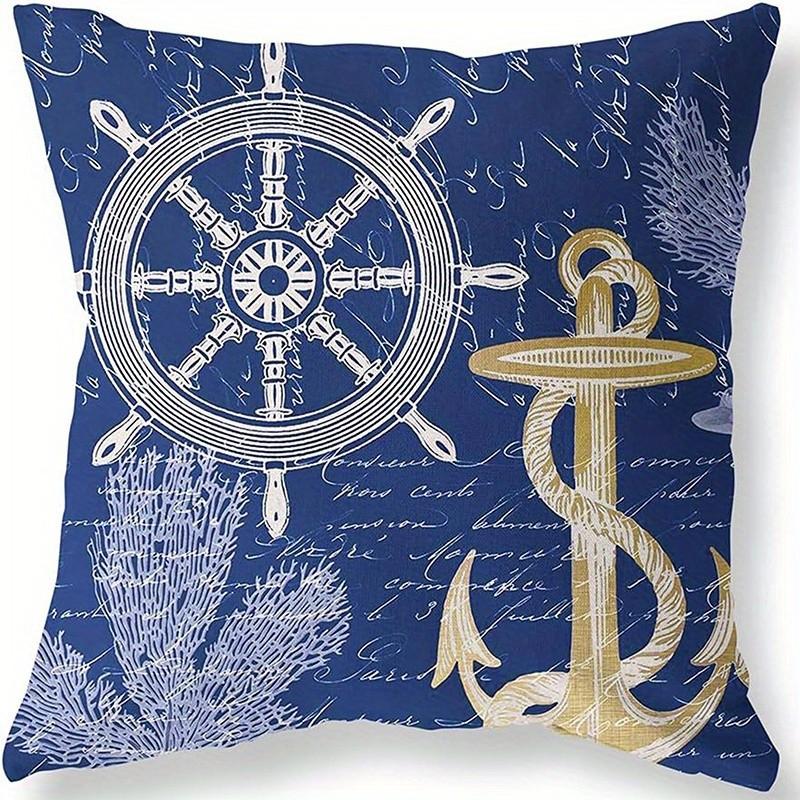 Navy Sea Elements Anchor Wheel Lighthouse Pattern Cushion Cover Suitable For Sofa Bedroom Car Pillow Cover