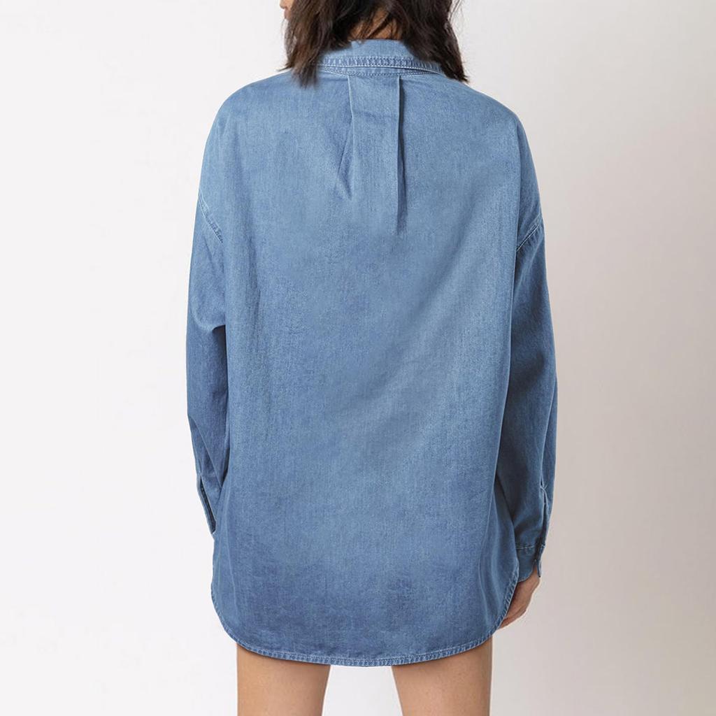 Women Denim Shirts Button Down Blouse V Neck Casual Tops