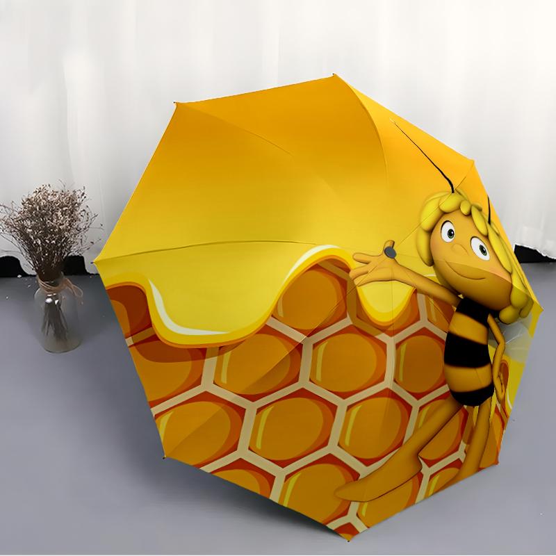 Maya the Bee Print Automatic Umbrella, 8 Rib Iron Frame, Plastic Handle, Suitable for Outdoor Travel &Daily , Ideal Gift
