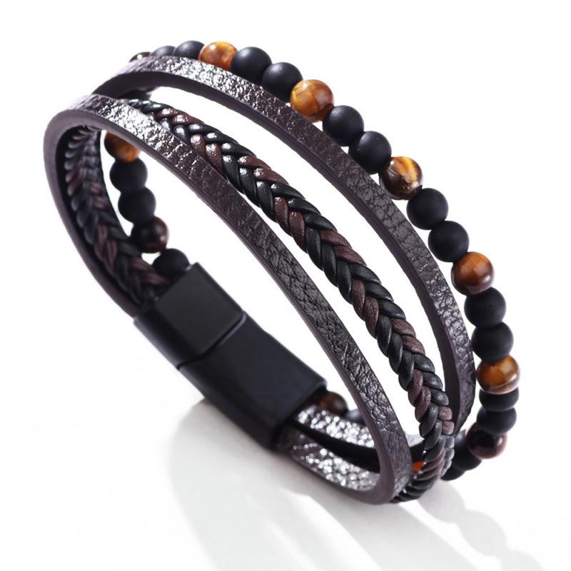 Men s Woven Tiger Eye Magnetic Buckle Bracelet - Natural Stone & PU Leather Retro Design