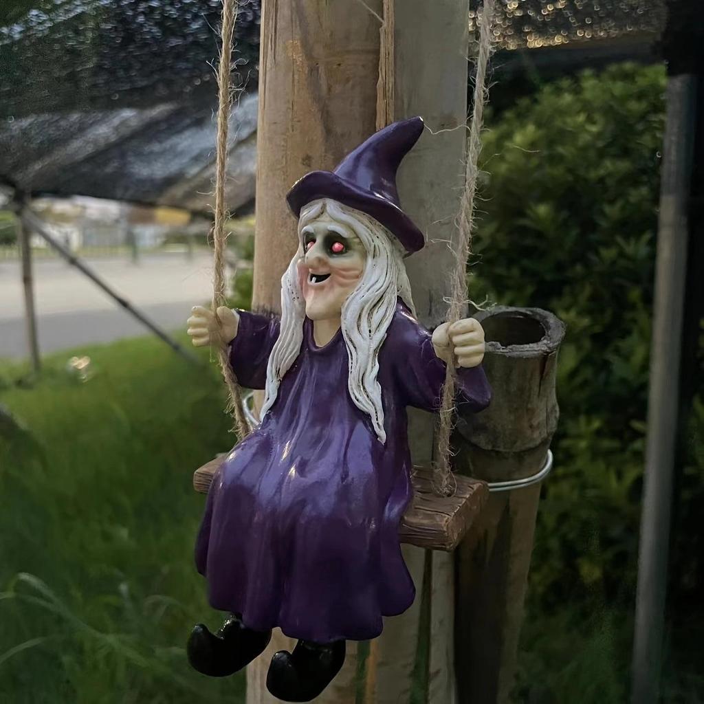 Ghost and Witch Pendant Set: Black-Clad Ghost Swing, White-Clad Ghost with Cat, Purple-Clad Witch for Courtyard & Garden Decor