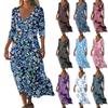 Dresses For Womens Vintage Print Tunic Waisted Midi Dress Summer Casual 3/4 Sleeve Dress