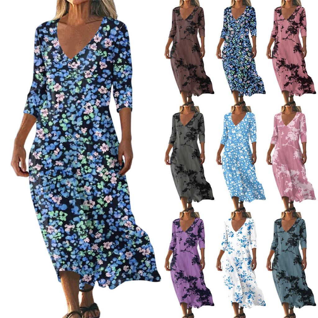 Dresses For Womens Vintage Print Tunic Waisted Midi Dress Summer Casual 3/4 Sleeve Dress