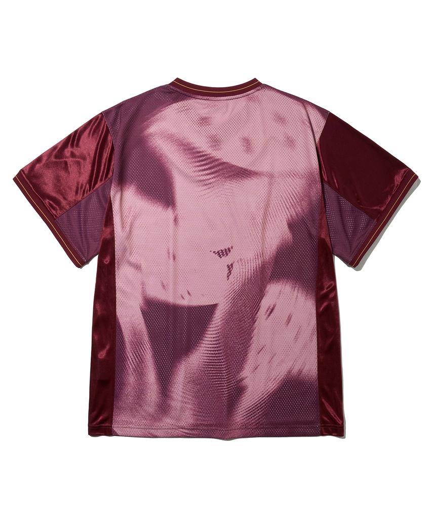 Physical Department Mushroom Mesh Satin Mix Short Sleeve T-Shirt_Burgundy