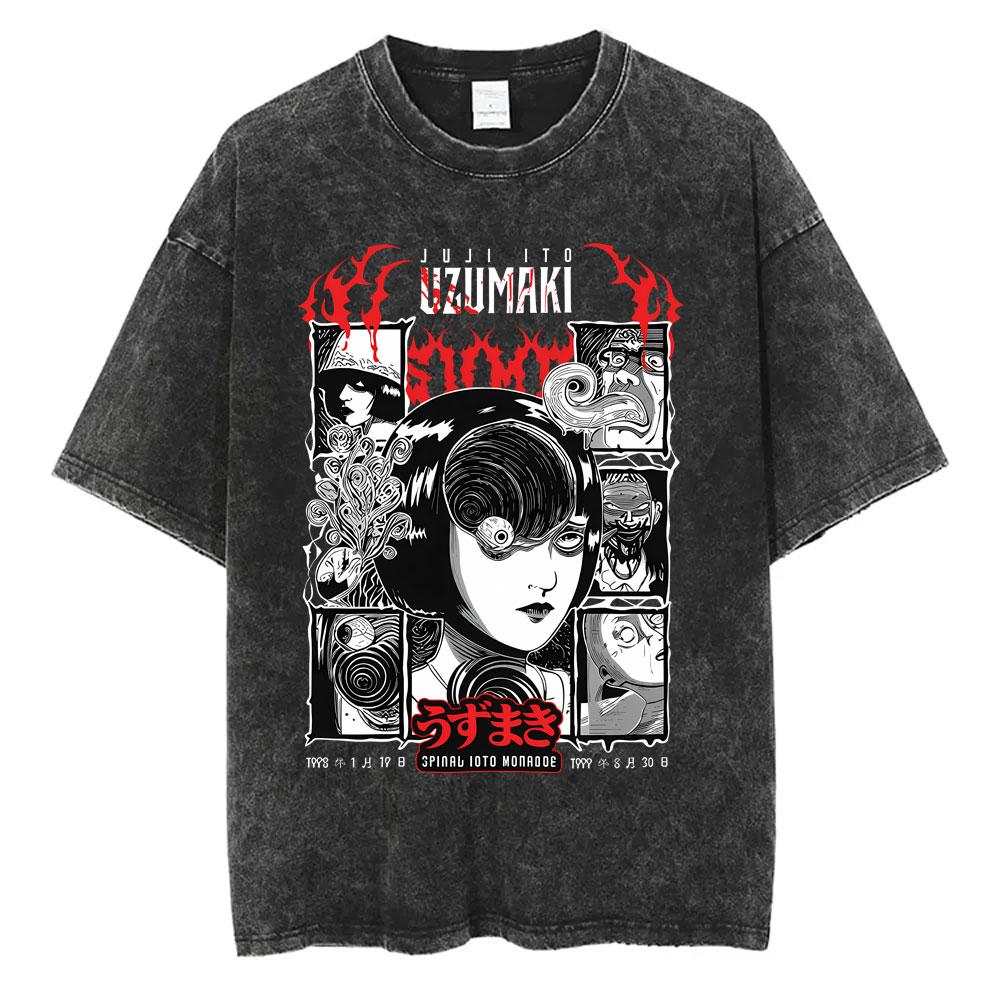 Unisex Washed Vintage Horror Anime Junji Ito Uzumaki Graphic T-shirt Men Women Manga Retro Oversized T Shirt Y2k Casual Cotton T-shirts