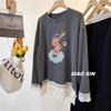 Korean Style Double-Layer Lace Edge Bear Print Thick Long-Sleeve T-shirt