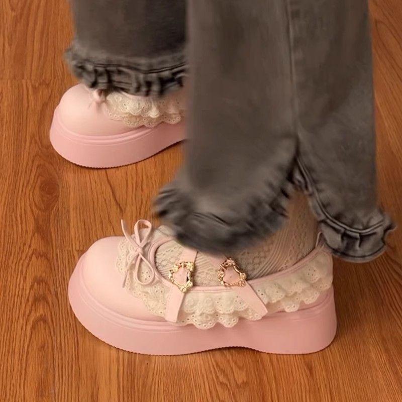 Pink Sweet Heightening Platform Small Leather Shoes Women's New Spring Versatile Light Mouth Round Head Mary Jane Single Shoes