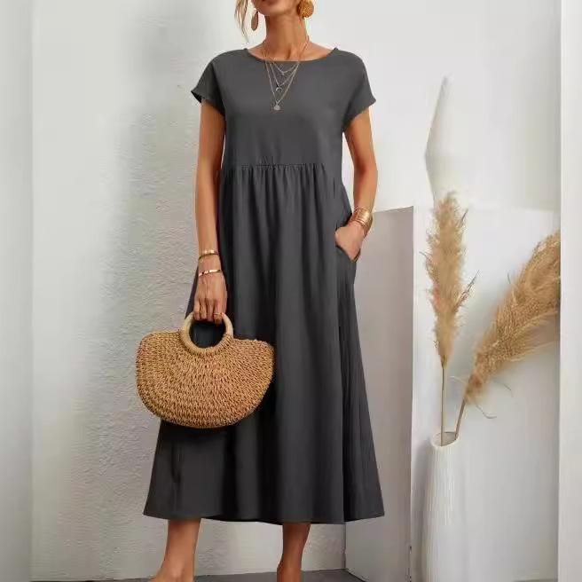 Women's Round Neck Short Sleeve Loose Linen Maxi Dress with Pockets