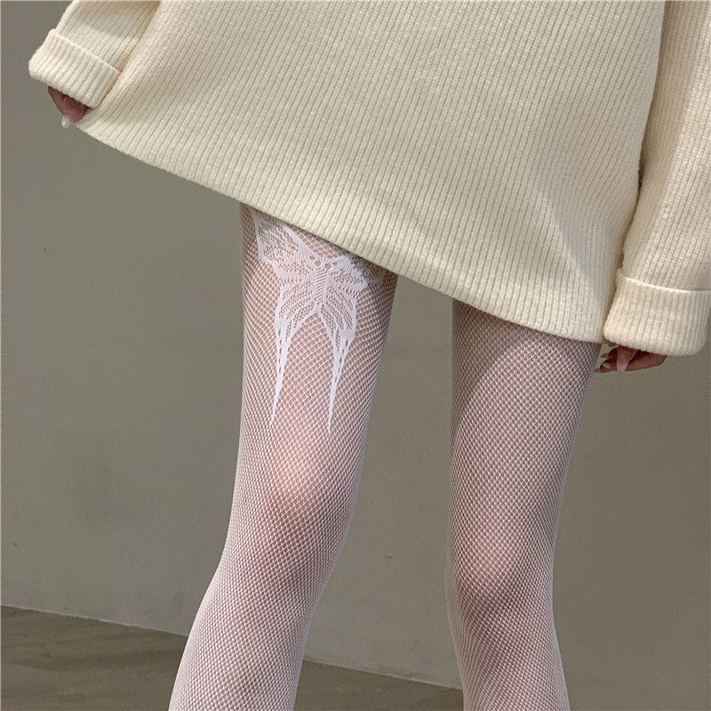 Sexy Butterfly Jacquard Fishnet Stockings - One-Leg and One Big Butterfly Design